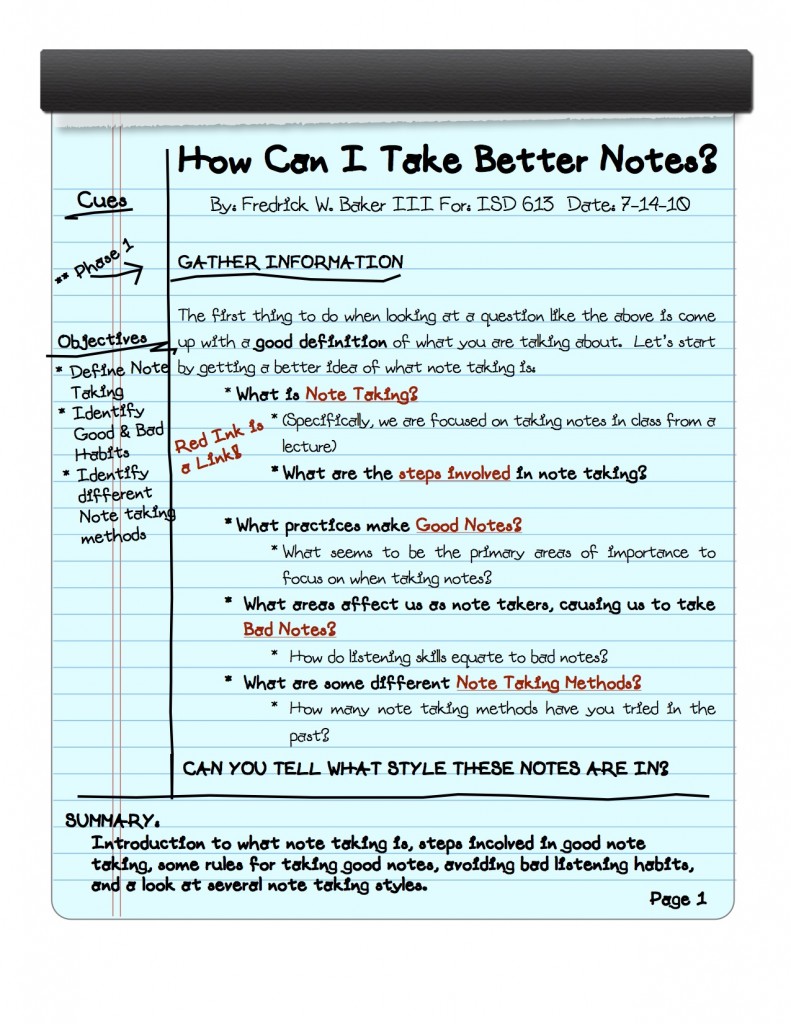 Note pad showing note taking method.